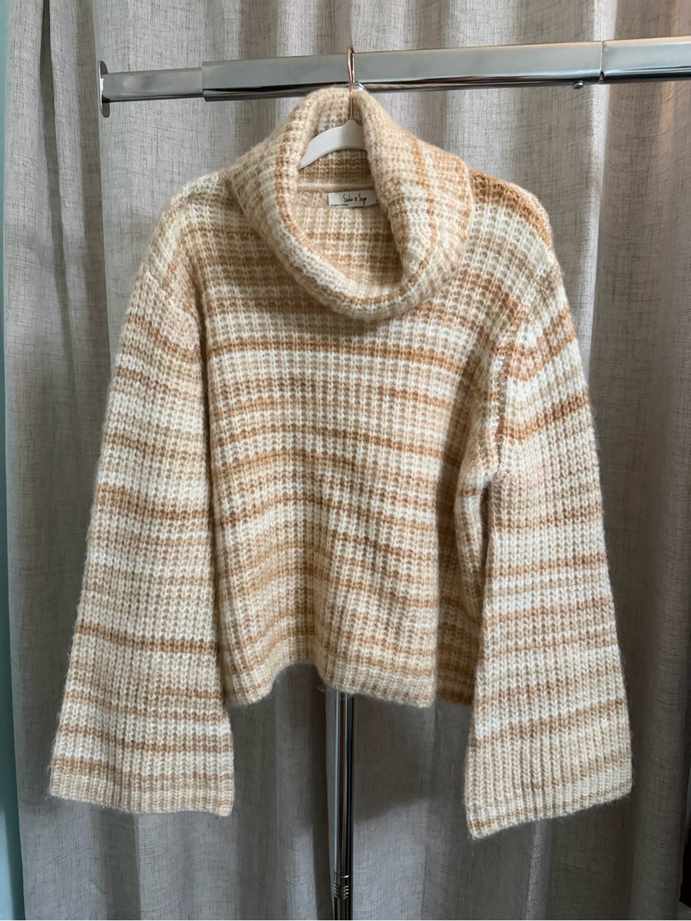 Sadie & Sage Cream and Tan Striped Cowl Neck Sweater